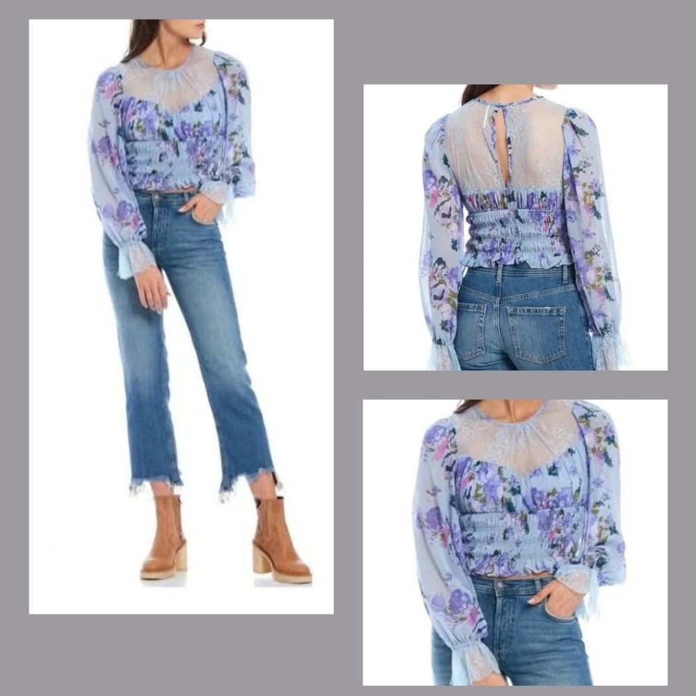Free People Blue Floral Lace Blouse. Excellent Condition NWT Size Small - Picture 1 of 15